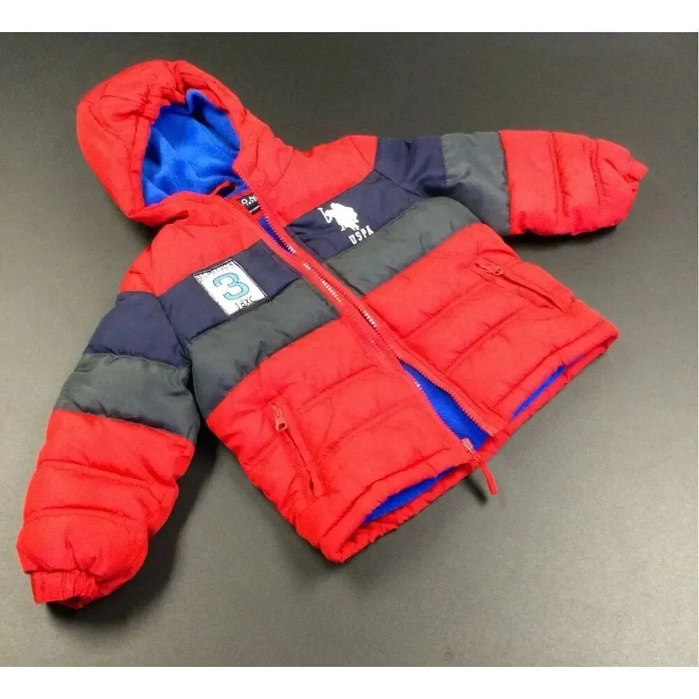 U.S. Polo Assn. Toddler Navy Blue Red Color Block Hooded Puffer Jacket Size 2T